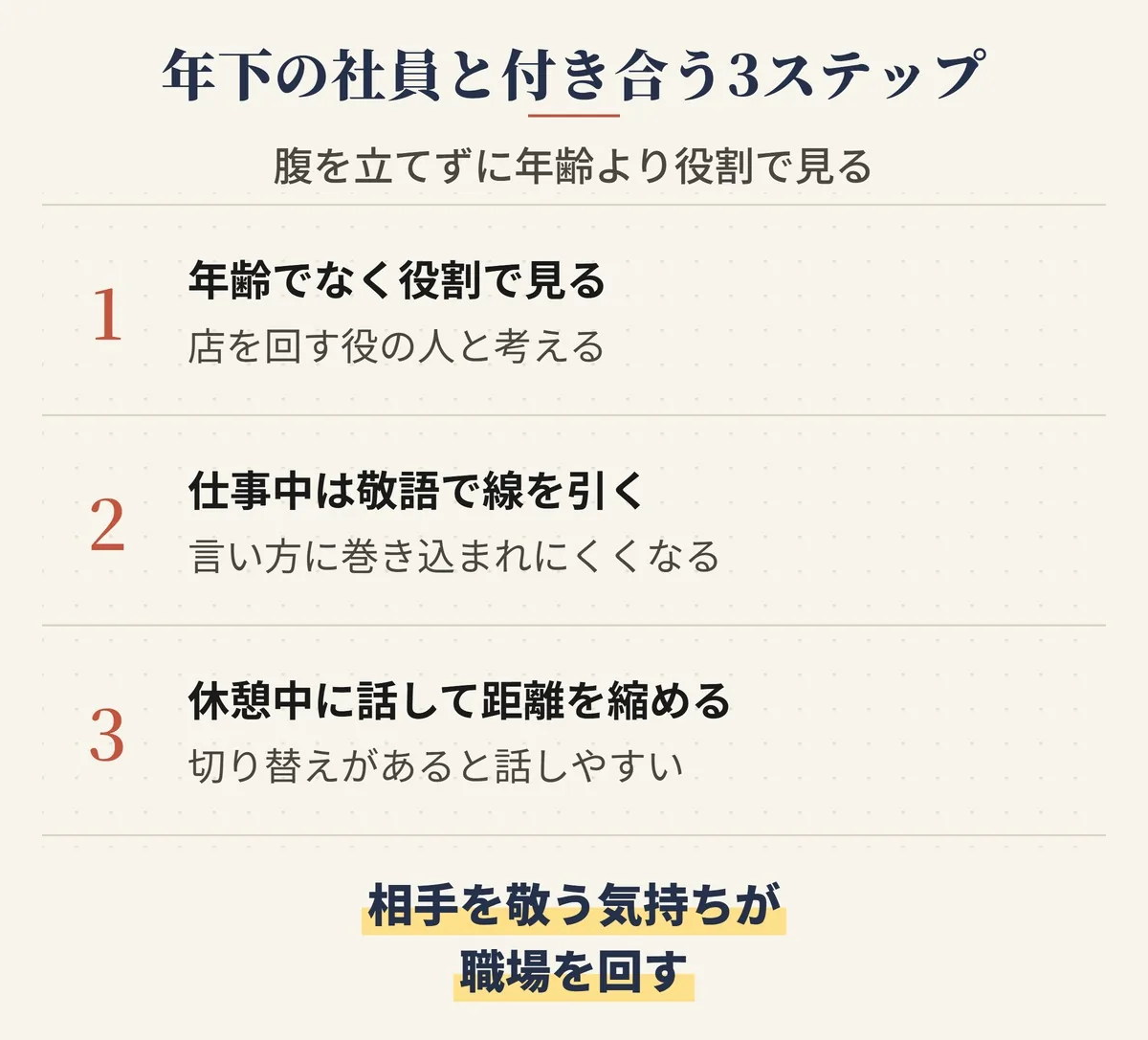 年下の社員と腹を立てずに付き合う3ステップ。年齢でなく役割で見る・敬語で線を引く・休憩中に話して距離を縮める